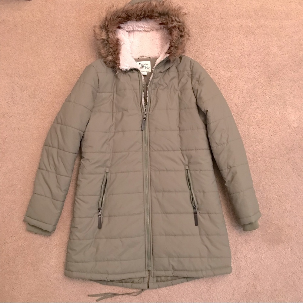 Maralyn Me Winter Coat Jacket Size L Junior Army Green Puffer Hooded Overcoat